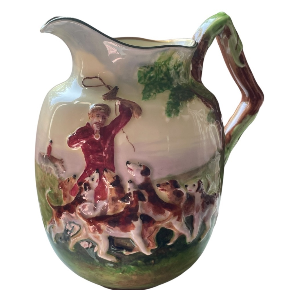 Royal Doulton Ceramic Pitcher with Hunting Scene in Ivory and Green & Gold Trim